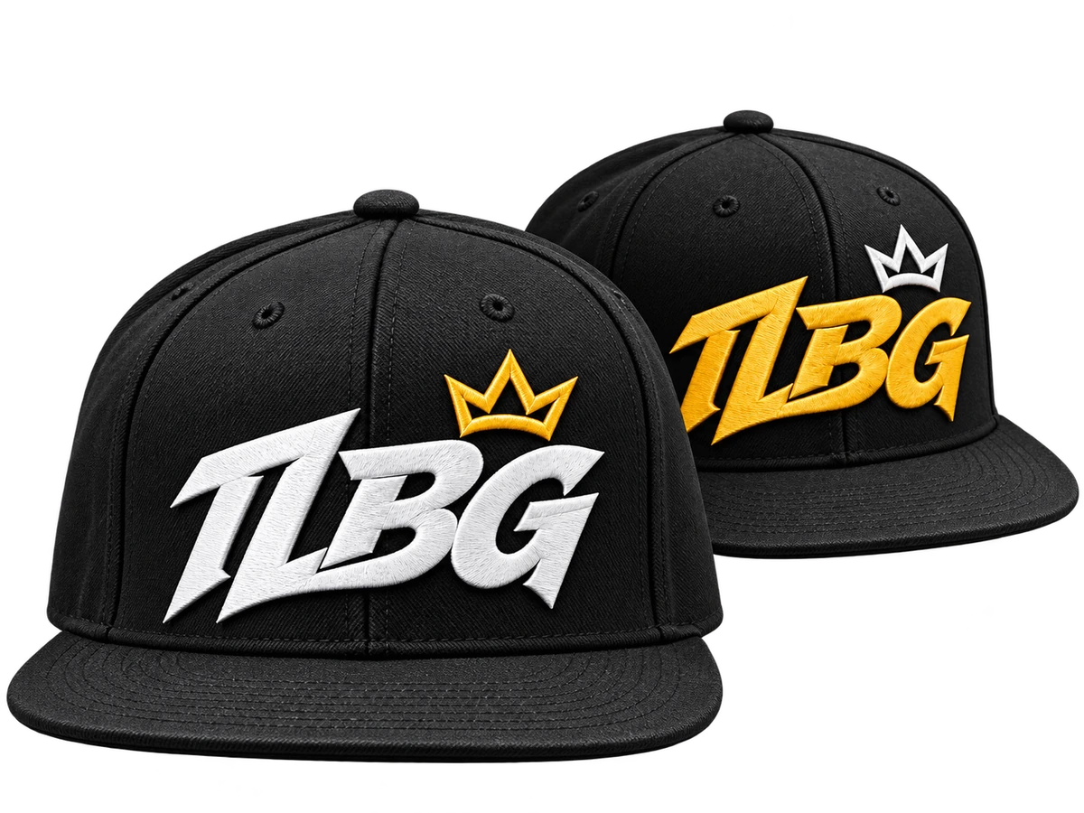Two black TLBG hats: white letters with a gold crown, and gold letters with a white crown.